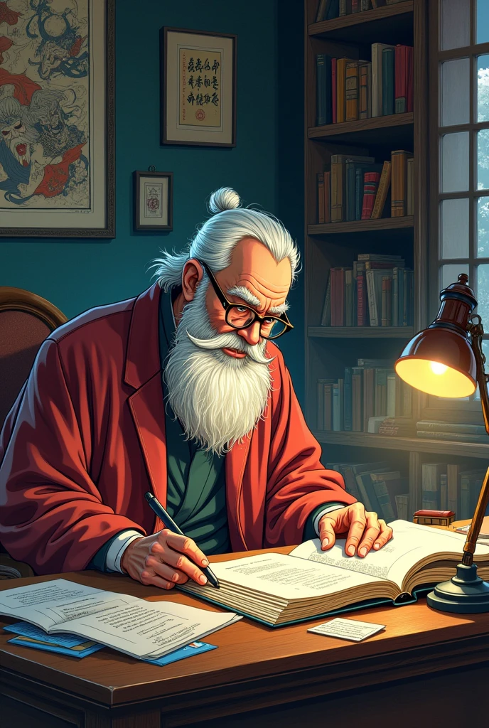 Old philosopher researching Japanese manga style