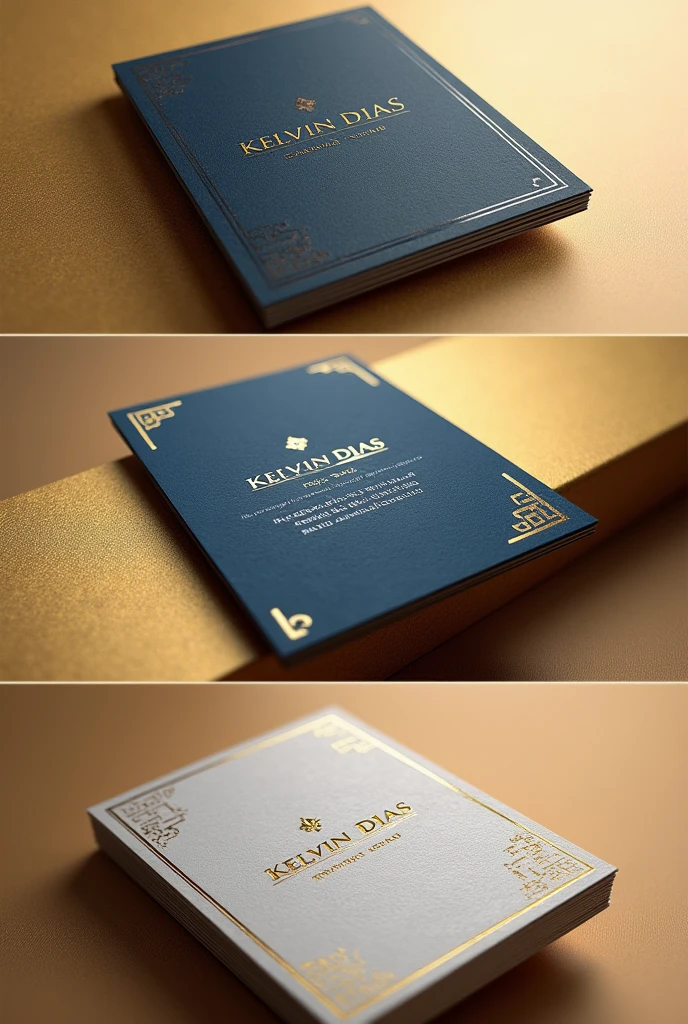 Create a business card for a law firm with the name Kelvin Dias in blue and gold colors. give me 3 options