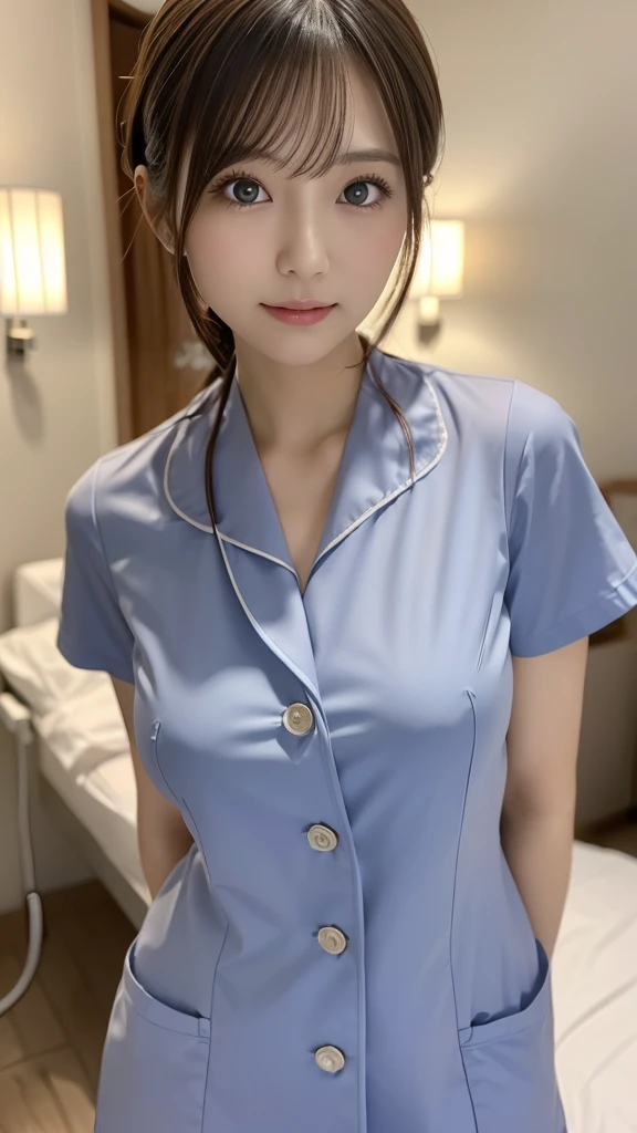 masterpiece, Highest quality, figure, Very detailed, In detail, High resolution, 8k wallpaper, Perfect dynamic composition, Beautiful attention to detail , slender, Hospital room, ((Japanese nurse uniform)) , Medium-sized breasts with a high firmness, A clean and mature face, Random sexy poses, ((Photo taken from a distance, from the front)))