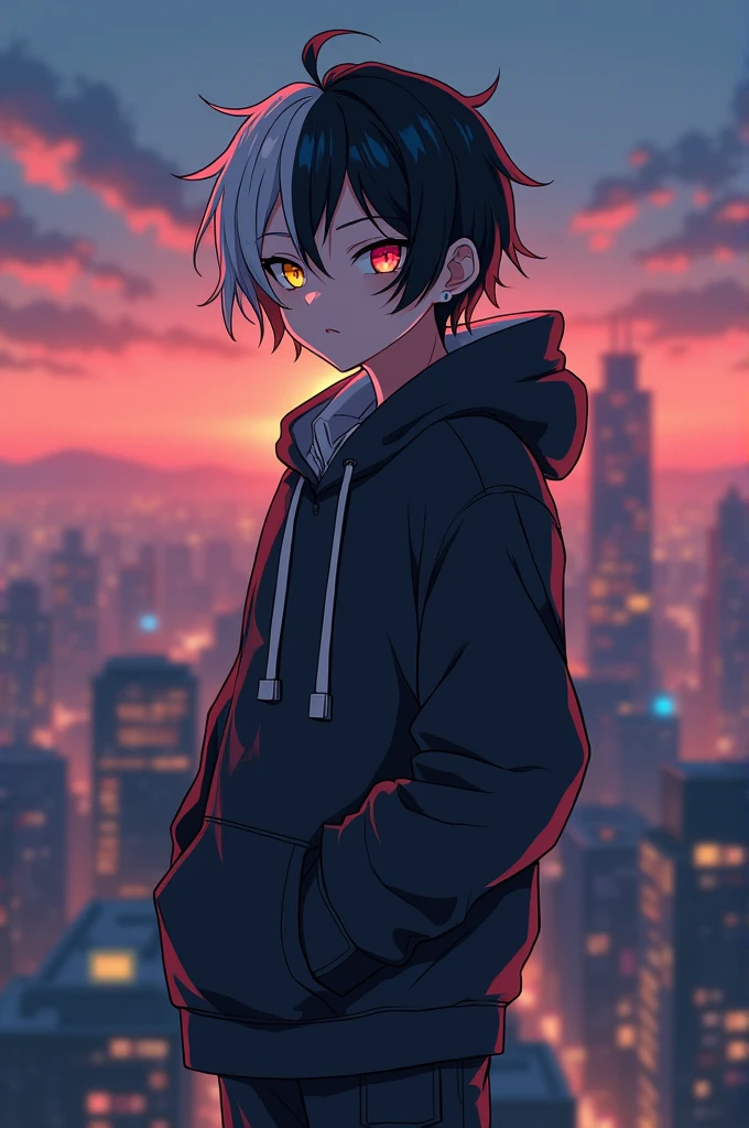 A aesthetic Cool anime boy with half black and white hair his left eye is yellow color and right eye is red color Wearing hoddie and standing on top of high building rooftop evening time