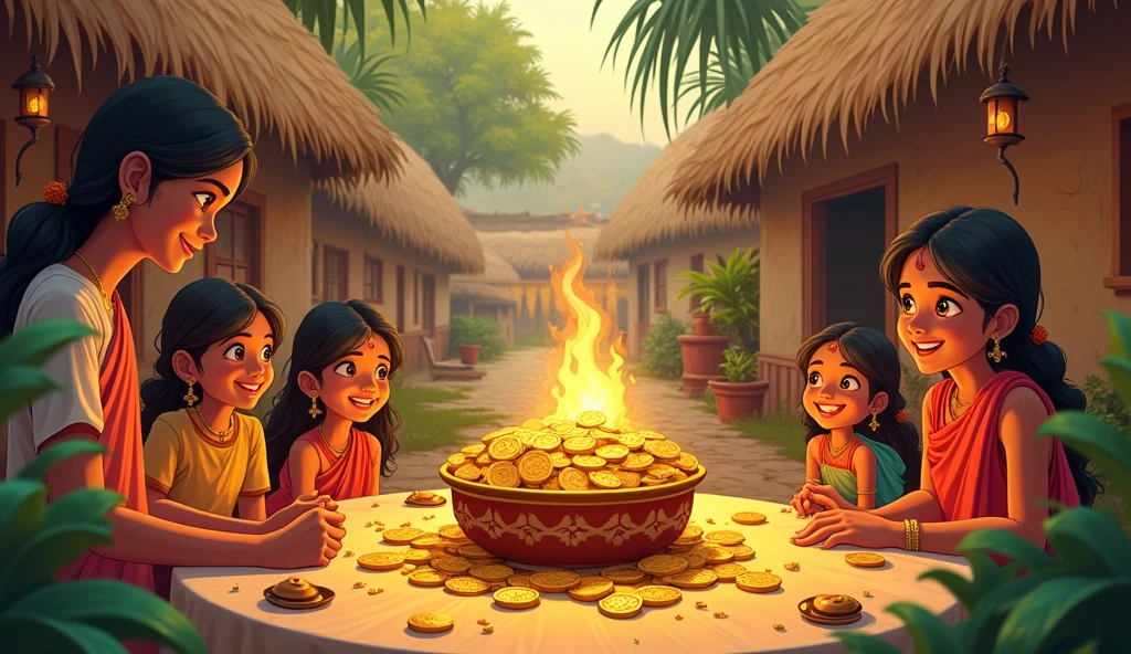 In cinematic 2d cartoon style log shot indian village The family’s once-empty home now filled with plenty of food, shining gold coins, and new furniture, all thanks to the magical pot. Close shot