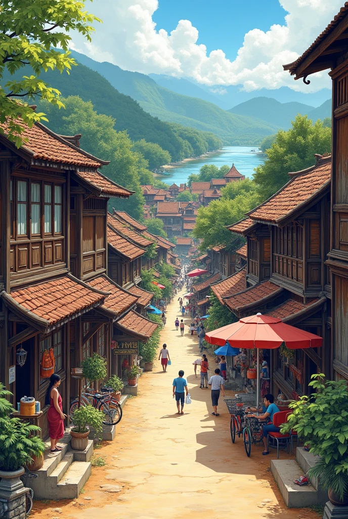 Drawing of Chiang Khan city, old wooden houses that have been preserved, many shops, a road cutting through, not a Chinese city, there is a bicycle point, there is the Mekong River.