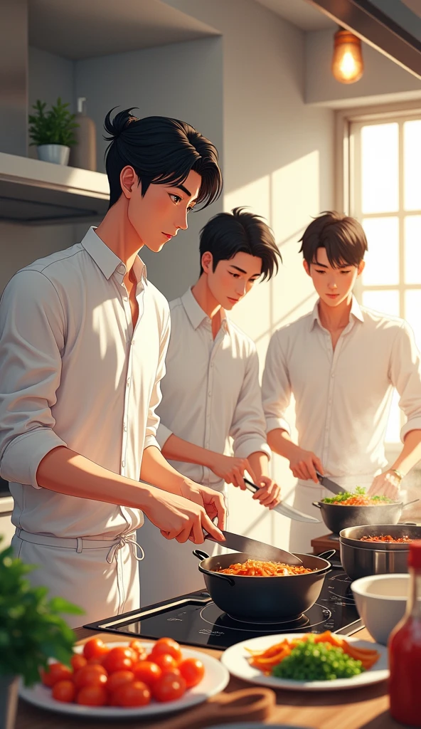 Handsome Chinese anime men wearing white shirts cooking 