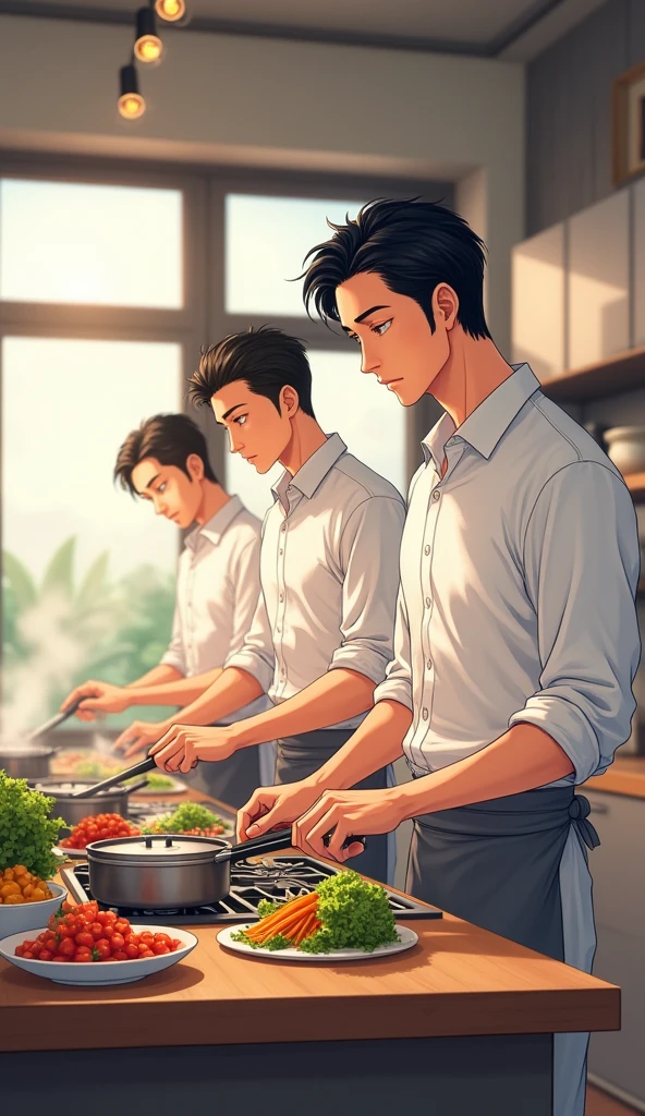 Handsome Chinese anime men wearing white shirts cooking 