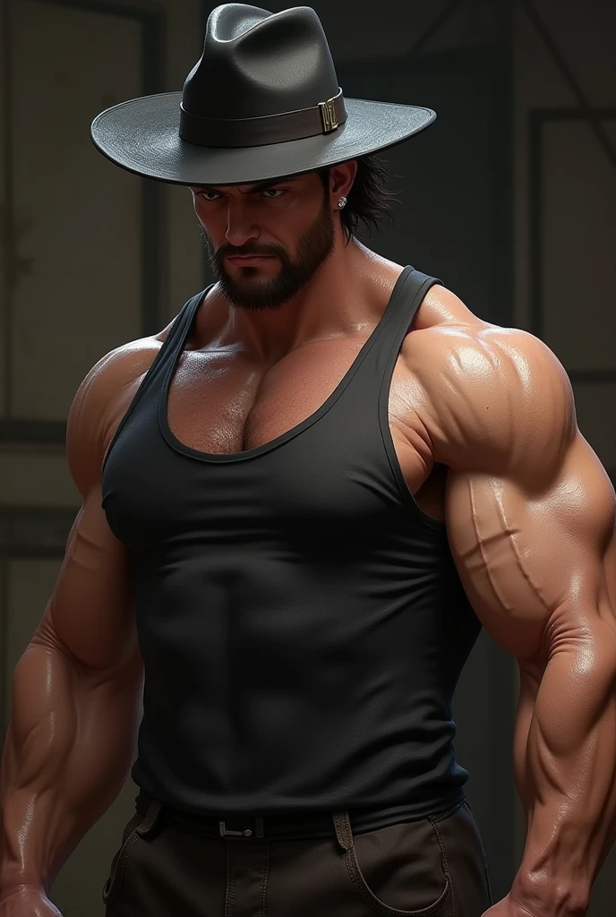 The muscular man Deng had very strong and veiny arms, wearing a black hat, with a tank top full of sweat.