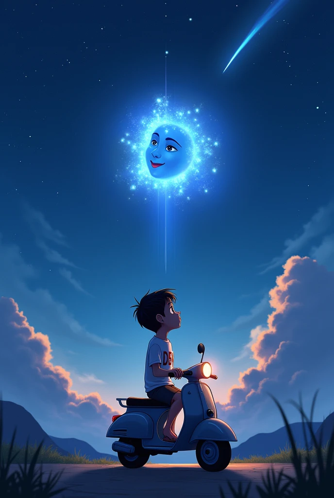 A boy is sitting in a scooty in a open place and he is seeing in the sky. Mention the boy name is DEV which is written in his tshirt and make the atmosphere night and scenary , failing star. Bhagwan shree krishna face  is looking him form the sky into the cloud and there is a aura of bhagwan shree krishna . They are seeing each other and make the image behind of the boy. The boy wearing a full pant and make the boy look like anime 