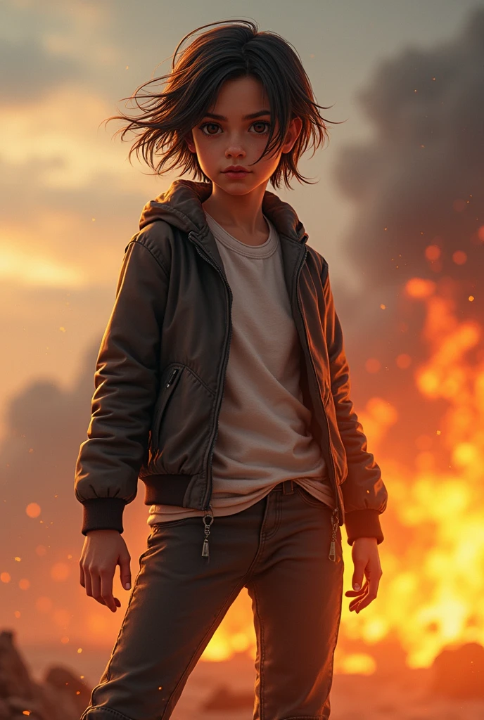 girl full body, short hair,with jacket and pants, brave with fragment that allows him to control fire 