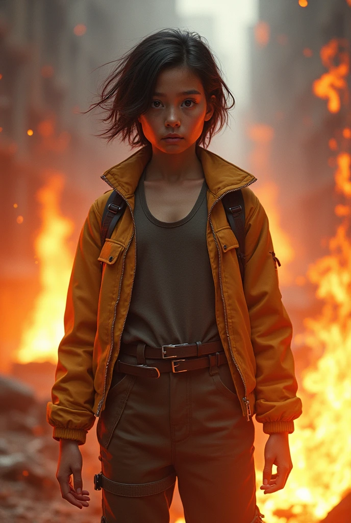 girl full body, short hair,with jacket and pants, brave with fragment that allows him to control fire