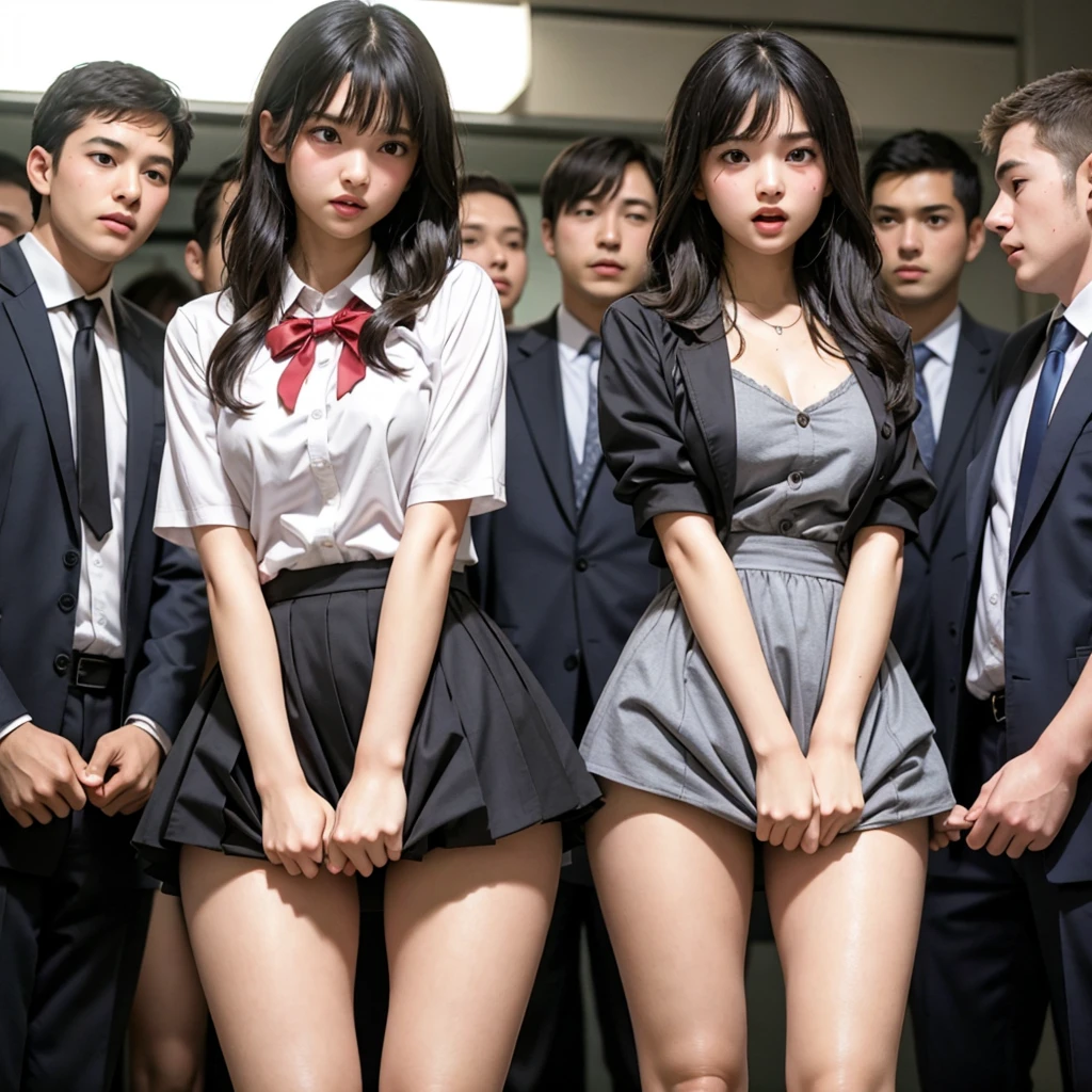 Beautiful innocent high school girl surrounded by excited high school boys, A beautiful girl with a baby face like an idol, Changing clothes in the locker, A group of high school boys sees your sexy underwear, A high school boy grabs my breasts from behind, My butt is touched by a high school boy, Being hugged by a high school boy, Anatomically correct, Staring at the audience, Beautiful wavy black medium bob hair, She screams with her mouth open in shame at being seen in her underwear in public, blush, Body flushed red, Wet with sweat, Increased sensitivity, Tears overflow from your beautiful eyes, Ultra high definition, Slender body, Can be smelled from close range, Japanese, Cowboy Shot, Relaxation and turning your legs inwards