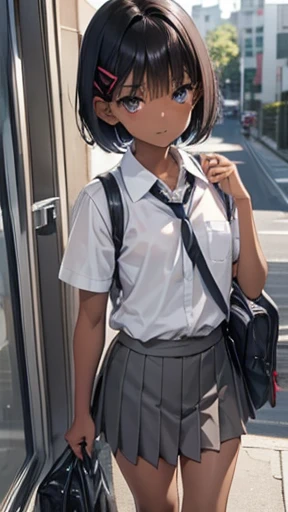 Black Hair、Very Short Hair、Light grey eyes、(Tanned brown skin)、((Dark Skin))、Flat Chest、thin、small、()、(school bag)、Short sleeve school uniform、tie、loafers、Red bangs hairpin、entrance,