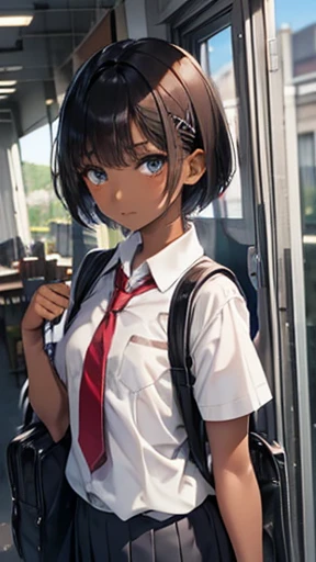 Black Hair、Very Short Hair、Light grey eyes、(Tanned brown skin)、((Dark Skin))、Flat Chest、thin、small、(Primary school students)、(school bag)、Short sleeve school uniform、tie、loafers、Red bangs hairpin、entrance,
