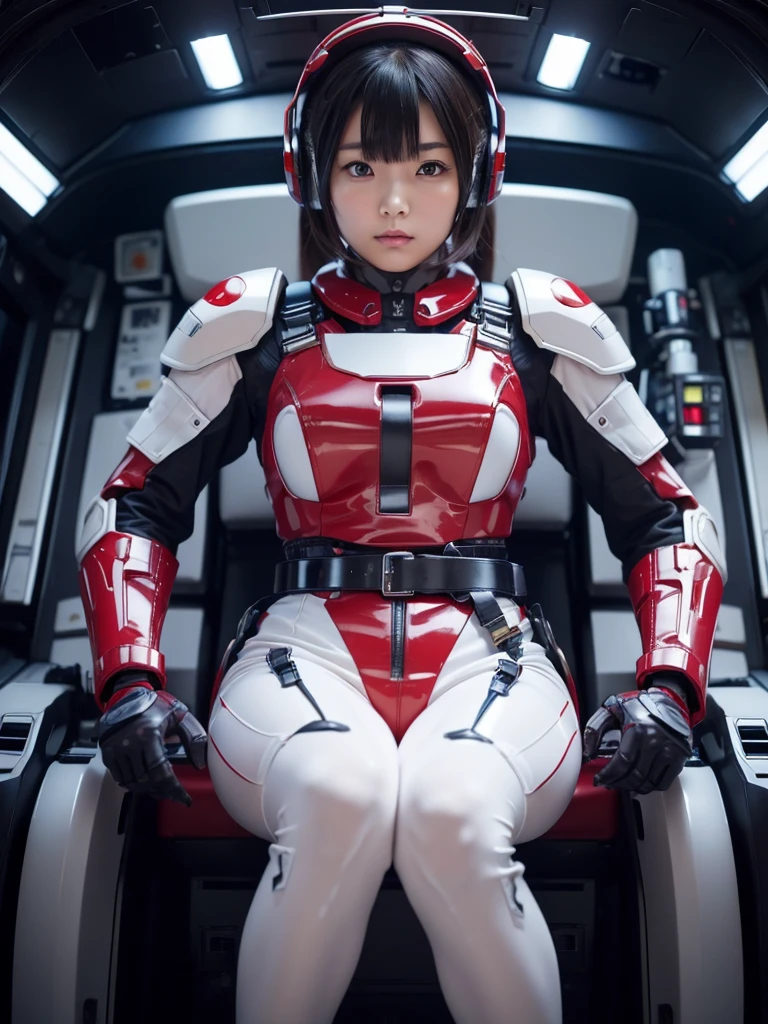 masterpiece, Highest quality, Very detailed, Japanese Android girl, Beautiful 2 Japanese woman, Plump,Slightly thicker,Control panel,Android,cyborg,Blunt bangs,Sitting in a small cockpit,Red robot suit,Thick harness belt,Helmet