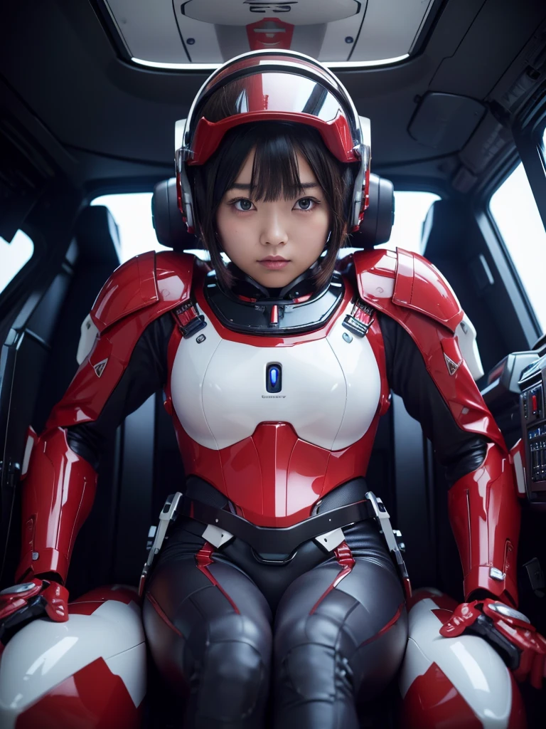 masterpiece, Highest quality, Very detailed, Japanese Android girl, Beautiful 2 Japanese woman, Plump,Slightly thicker,Control panel,Android,cyborg,Blunt bangs,Sitting in a small cockpit,Red robot suit,Thick harness belt,Helmet
