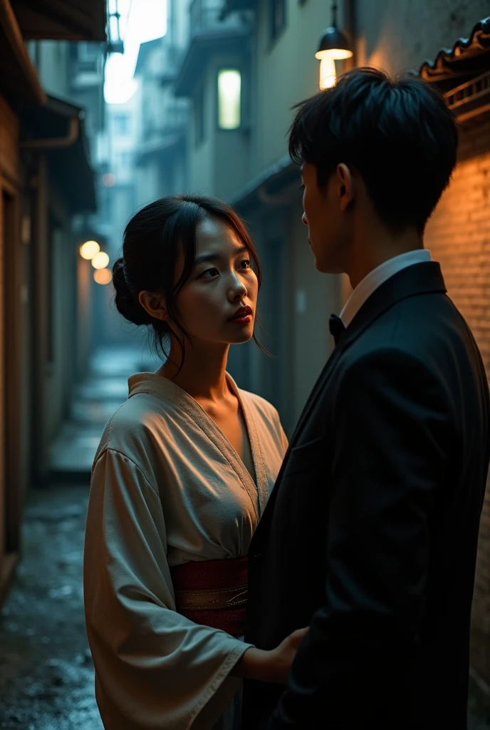 A beautiful Japanese prostitute in her twenties is sexually seducing a man in an unpopular back alley in an attempt to get him to buy her.