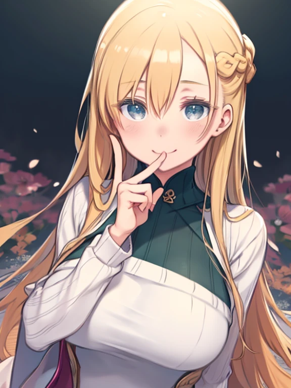 One Woman、Upper Body、Photographed in front of a flower field、((Grin))、Wink、Close one eye、Pink lipstick、double eyelid、Long eyelashes、Blonde Hair、Hair between the eyes、Braid、long hair、、Huge breasts、(Grthes)、Turtleneck sweater、Lip sweater、((Place your index finger in front of your mouth、Hold your hand in front of your mouth with one finger up、Secret Gesture))、