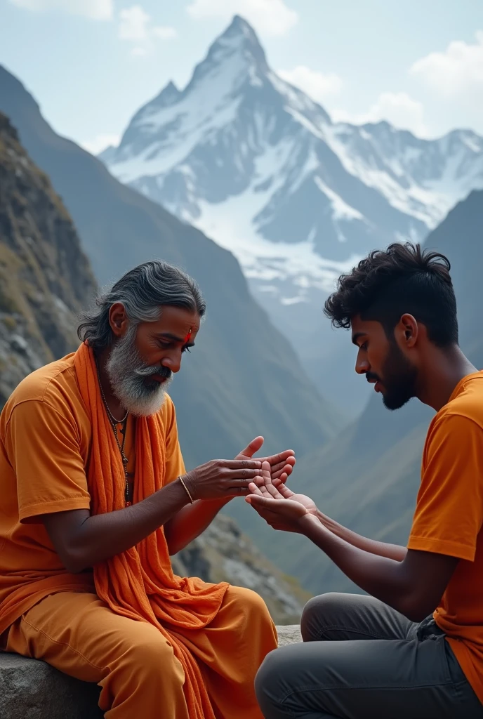 (photorealism:1.2), create a realistic high quality image of a 20-year-old boy sits opposite a wise pandit. Pandit ji holds hand of boy & examines the lines on the boy's palm, boy wearing a saffron Tshirt on which Name "Ashutosh" is written, as if deciphering the secrets of fate itself. Behind them, the beautiful view of Kedarnath Temple like real, Himalayan landscape, evoking a sense of awe and reverence. kedarnath temple looks like real, image with 4k resolution quality.