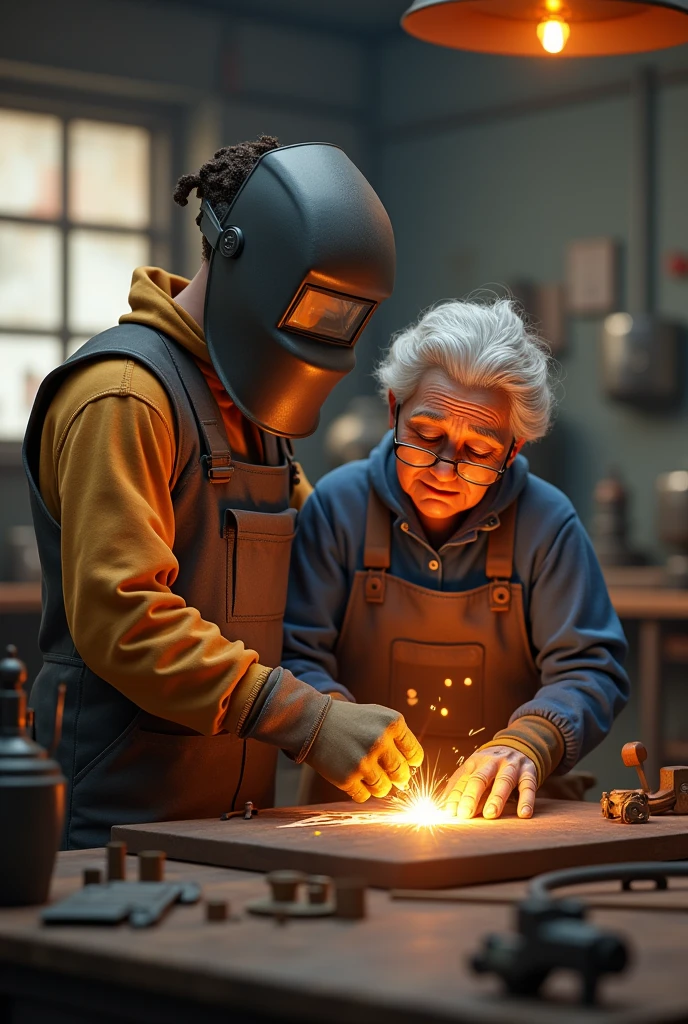Make a 3d picture of a welder with grandma
