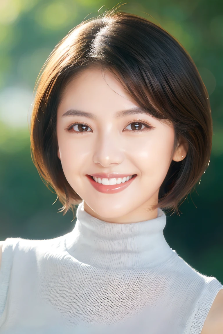 (Highest quality、Tabletop、8k、Best image quality、Award-winning works)、One beautiful woman、Age 25、(alone:1.1)、Perfect beautiful composition、(Large Breasts:1.2)、(Exactly:1.1)、(Accentuate your body lines:1.1)、(Very short hair:1.1)、(Perfect turtleneck sleeveless long knit sweater:1.2)、(Voluptuous body:1.2)、Look at me and smile、(Blurred Background:1.1)、(Highly blurred and precise city park background:1.1)、Standing Elegantly、(Face close-up:1.1)、Natural Makeup、Ultra-high definition beauty face、Ultra HD Hair、Ultra High Resolution Perfect Eyes、Ultra-high resolution shiny and glowing skin、Super high quality glossy lip、(Accurate anatomy:1.1)、(very bright and vivid:1.2)、front、perfect beautiful teeth、Biggest toothy smile、(Short Bob Hair:1.1)