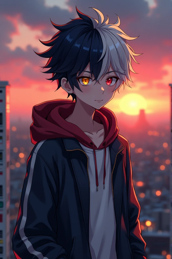 A aesthetic Cool anime boy with half black and white hair his left eye is yellow color and right eye is red color Wearing hoddie and standing on top of high building rooftop evening time