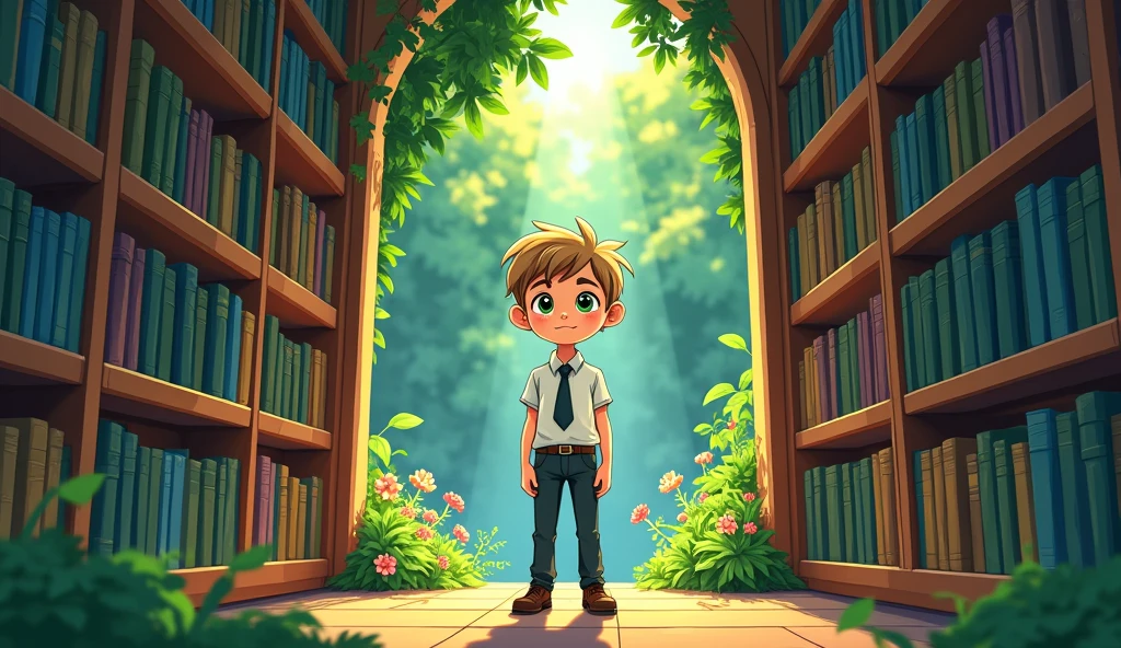 Cartoon,A ager boy with bright, emerald green eyes and a mop of unruly, sandy brown hair, stands at The channel between the bookshelves he finds the entrance of a hidden garden. He is wearing a crisp, school uniform with a white shirt and a black tie.
stands at the entrance of a hidden garde in the library. Sunlight filters through the trees, casting dappled shadows on the lush green foliage and vibrant flowers.