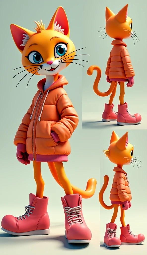 35mm lens,Multiple angles,Beautiful Cat,cute,sexly,Personification,Back,Side,silhouette,Overhead shot,Cat,Standing, simple background, best quality, c4d, blender, 3D MODEL, TOYS, VIVID COLORS, STREET STYLE, HIGH RESOLUTION, A LOT OF DETAILS, PIXAR, CANDY COLORS, BIG SHOES, FASHION TRENDS, ART.