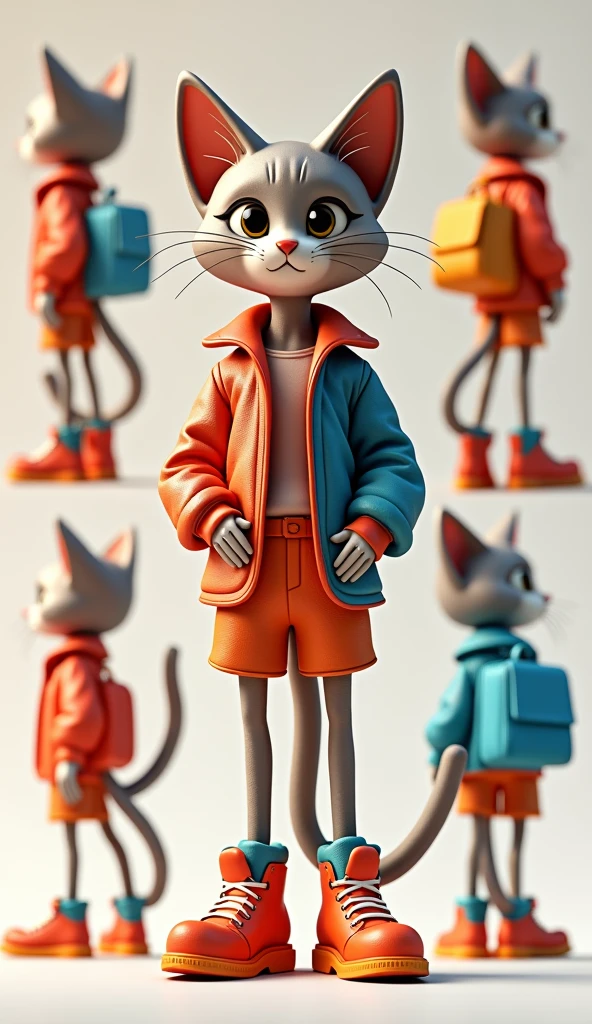 35mm lens,Multiple angles,Beautiful Cat,cute,sexly,Personification,Back,Side,silhouette,Overhead shot,Cat,Standing, simple background, best quality, c4d, blender, 3D MODEL, TOYS, VIVID COLORS, STREET STYLE, HIGH RESOLUTION, A LOT OF DETAILS, PIXAR, CANDY COLORS, BIG SHOES, FASHION TRENDS, ART.