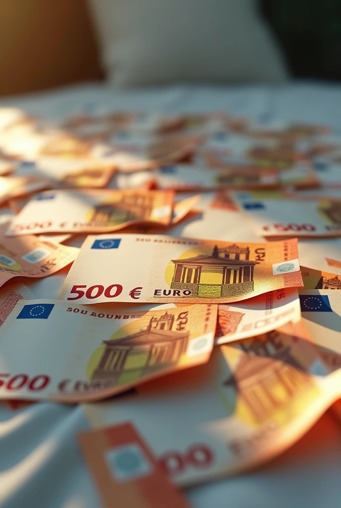 Create an image with 30 thousand euros on top of a bed with the money spread out 