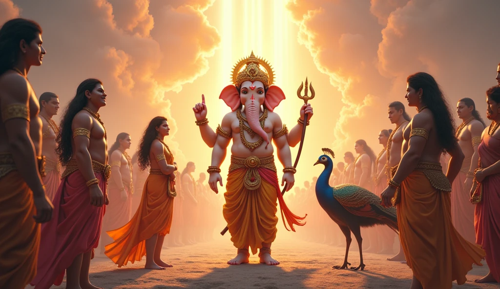 "Lord Ganesh stands proudly in front of his parents, Shiva and Parvati, who look at him with pride and affection. Kartikeya arrives back from his journey on his peacock, looking surprised to see Ganesh already victorious. The scene is filled with divine energy as the gods and goddesses from the heavens look down, admiring Ganesh’s wisdom. The background shows the celestial realms with glowing clouds and beams of light, adding to the divine and triumphant atmosphere."
Each prompt captures the divine setting, the emotions, and the key moments in the story, reflecting the wisdom and moral lesson about devotion to one’s parents.