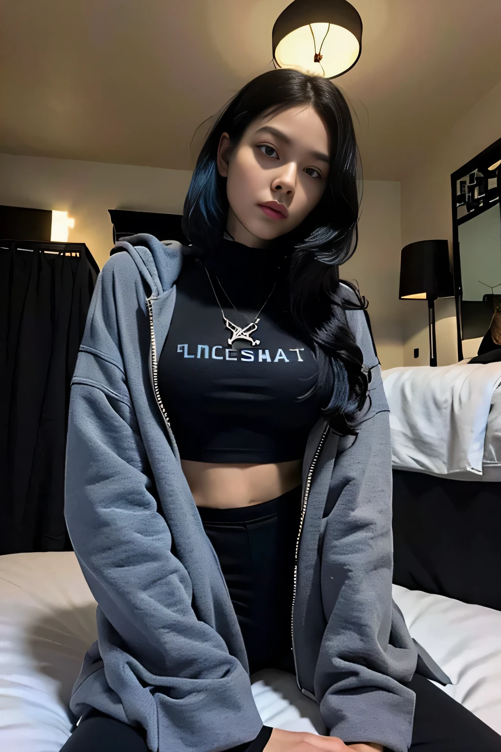(pixelart: 1.2), beautiful gothic women, sexy goth girl, designer sweatshirt coat with logos, pants, short black hair with blue tips, bedroom, lying in bed, (by Isaac quek: 0.8) [by Ilya Kuvshinov: 0.65]