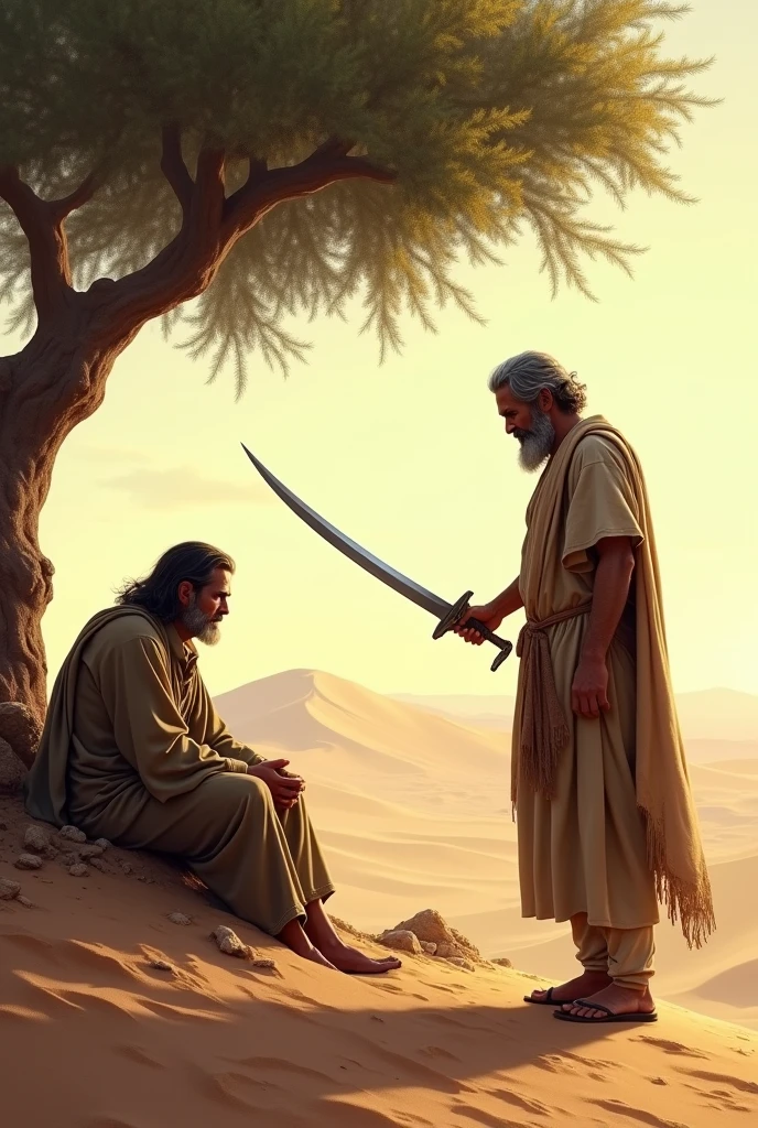 A man sitting under a tree in the desert Another man standing with a sword in his hand His sword fell in fear