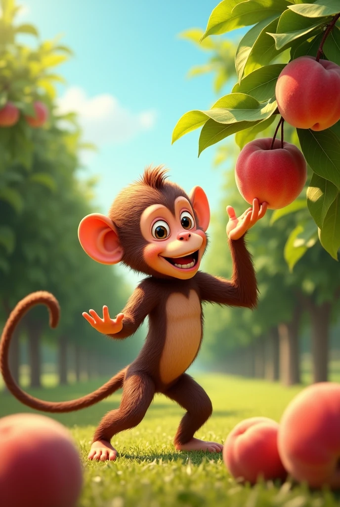 I want to create a picture of the monkey stealing peaches.