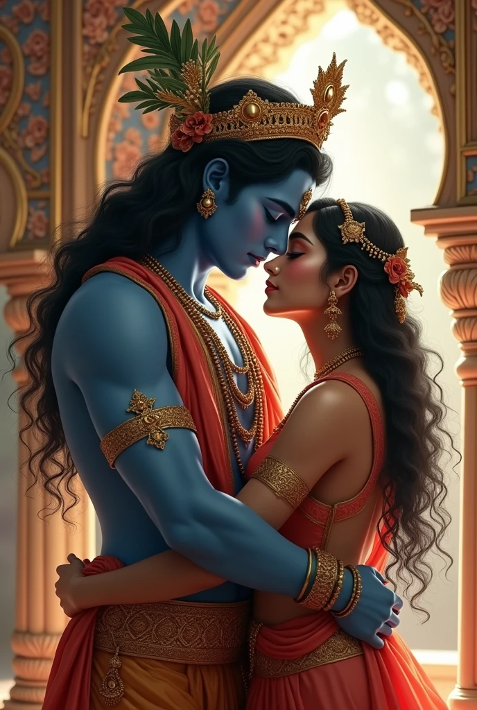 Create a picture about a beautiful girl called Saranya who is cuddle by Lord Krishna in his palace, Hindu Supreme God