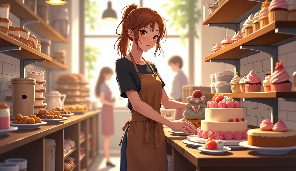 Large pastry shop with 2 shelves with work table for pastries, cookies, sandwiches, cupcakes, pretty girl loose ponytail clear forehead face without hair on brown face decorating cake, Medium eyes, girl's smile, black blouse and brown apron, honey-colored eyes, long denim skirt, black tennis shoes, 2 people in the background named Ivonne