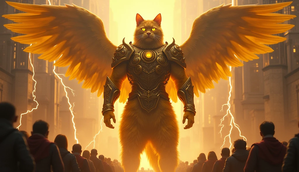 A cat, Color is yellow, So big it could swallow a poem, Holy, Seongsu, Stand on two legs, muscular body, Spreading the angel&#39;s wings., A cat with a human face, Wearing the armor of a medieval emperor,크기가 도시만한 고양이god, Rich medieval ancient city background, It is 100m in size, god화속세상, high detail, 8k, photorealistic, hyper realistic, god, Electricity surrounds the body, The eyes glow yellow., The crowd is bowing down to him..