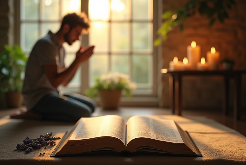 Create a realistic and inspiring scene that highlights a Bible as a background in an ideal environment for prayer. Imagine a quiet and cozy space at dawn, with soft natural light entering through a large window. Place the Bible on a simple pedestal or altar in the center of the scene, with visible open pages revealing passages of text that suggest a message of hope and faith.
Around the Bible, create a prayer environment with a modestly decorated table or altar, including lighted candles, a rosary, and fresh flowers such as lilies or lavender that add a touch of beauty and serenity. In the foreground, place a person in a prayer position - kneeling or sitting in a comfortable seat - with an expression of peace and contemplation, reflecting a deep spiritual connection.
The background can include a natural environment, such as a serene garden with trees and flowers, or a room interior with stone or wood walls, creating a harmonious contrast with the soft morning light. Use a palette of soft, warm colors - shades of gold, green and light blue - to evoke a sense of calm and inspiration. Make sure the Bible is highlighted, symbolizing the importance of prayer and spiritual reflection."