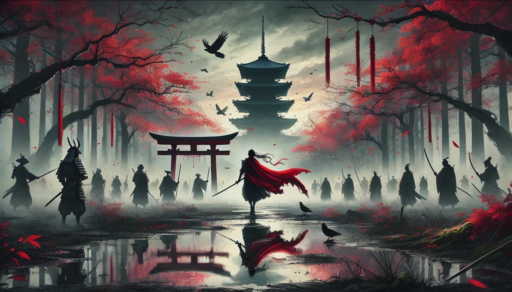 anime scene of a man with a sword and a red cape walking through a forest, feudal japan art, feudal japan, anime epic artwork, japanese art style, japanese fantasy, anime art wallpaper 4 k, anime art wallpaper 4k, anime art wallpaper 8 k, feudal japanese setting, traditional japanese concept art, in feudal japan, samurai style