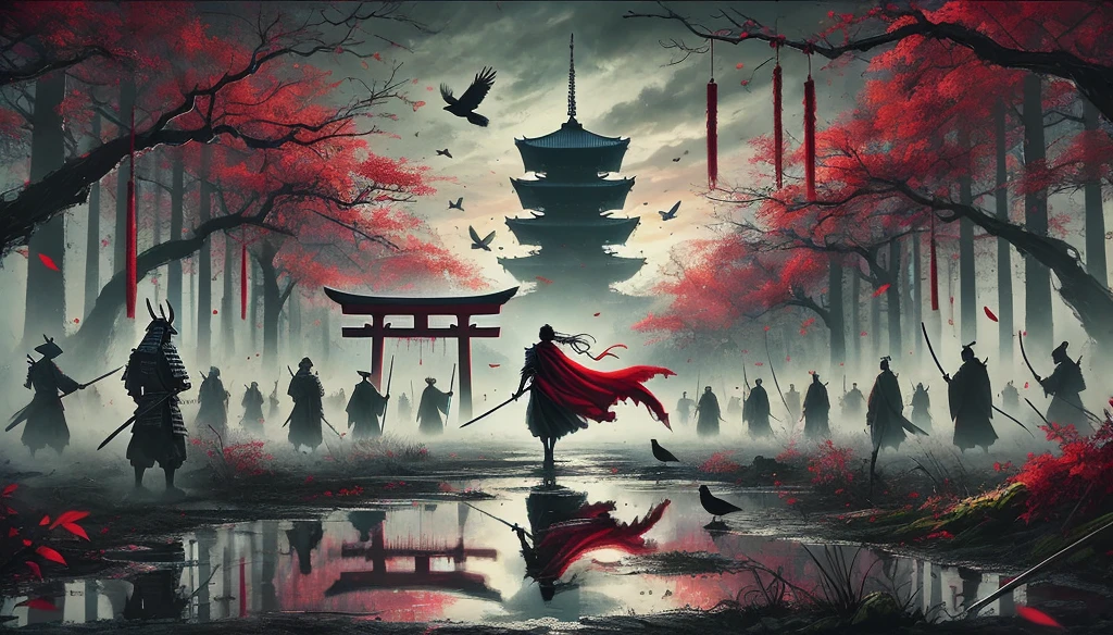 anime scene of a man with a sword and a red cape walking through a forest, feudal japan art, feudal japan, anime epic artwork, japanese art style, japanese fantasy, anime art wallpaper 4 k, anime art wallpaper 4k, anime art wallpaper 8 k, feudal japanese setting, traditional japanese concept art, in feudal japan, samurai style