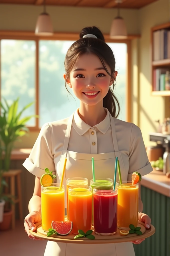 Create a full-length image of a waitress holding a tray of fresh juices