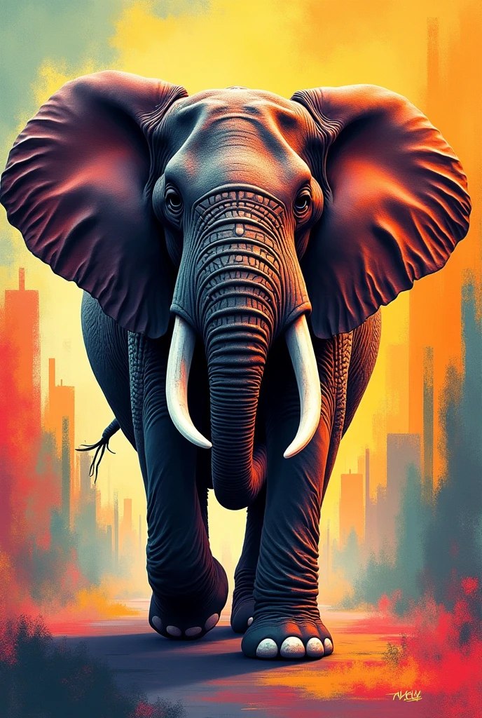 elephant walking forward, Color Field painting, Art Deco, motion blur, Eye-Level Shot, modern, Expressionism, Pointillism