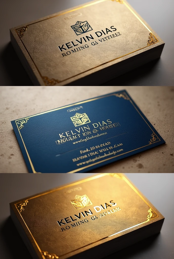 Create a business card for a law firm with the name Kelvin Dias in blue and gold colors. give me 3 options 