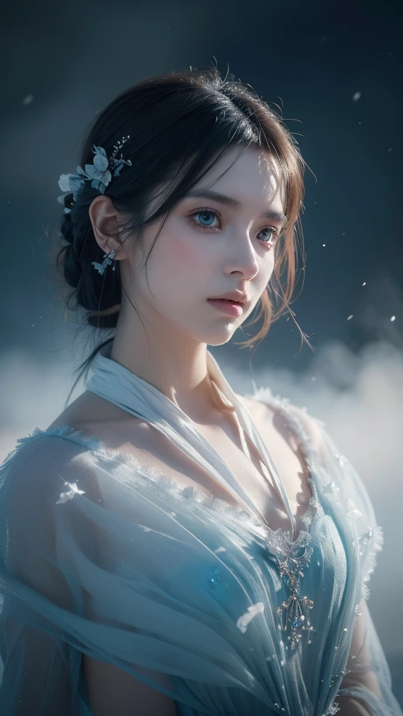 Ultra realistic portrait , By Eric Lacombe By Patrice Murciano Frostpunk Fashion Photography, white glacial blue, minimalism, smoked eye shadow, illuminated white bulging biomorphic dot pattern, glacial landscape, glacial flowers, bokeh snowflakes, volumetric particle dust, powdered paint pigment, vivid color, misty aether houte - couture rococo glacial clothing, holga medium format camera, etherial lighting, backlighting, in the style of, professional ominous concept art, by artgerm and greg rutkowski, an intricate, elegant, highly detailed digital painting, concept art, smooth, sharp focus, illustration, in the style of simon stalenhag, wayne barlowe, and igor kieryluk.