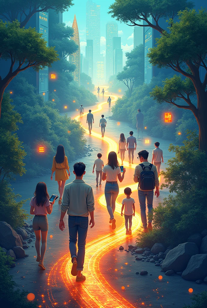 poster showing A vibrant, interconnected network of digital pathways leading to a innovative future. Include symbols of technology (e.g., smartphones, laptops, coding), sustainability (e.g., trees, clean energy), and youth (e.g., diverse group of young people).