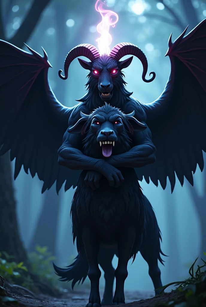 a black furry goat with red eyes black horns and black wings with a white fire on top of its head hugging Cerberus from Fortnite in a forest at night digital art