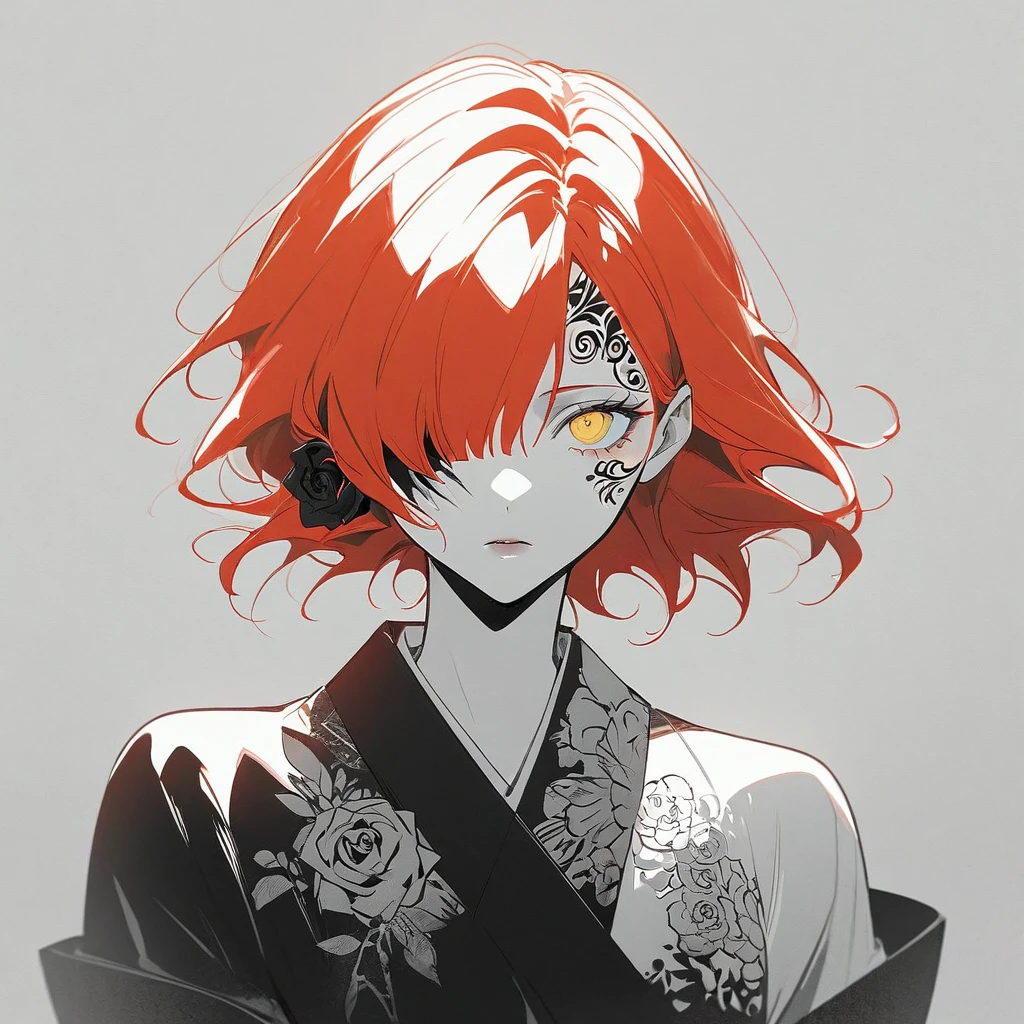 From rella, author：Agnes Cecil, A young woman，(A red ribbon covers one eye), Red long hair, Good, Intricate tattoos, Facial Injury, kimono, illustration，Golden Eyes, With black aesthetics、Anime aesthetic style，I can't believe how beautiful it was，Black Rose and the Devil，Monochrome minimalist portrait，Pop artistic sense，whole body，Dynamic，