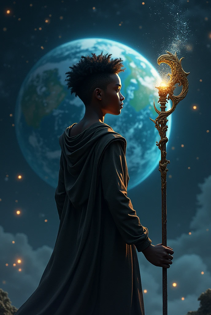 Dark skinned magical boy in space facing the earth with his back turned and a staff at his side