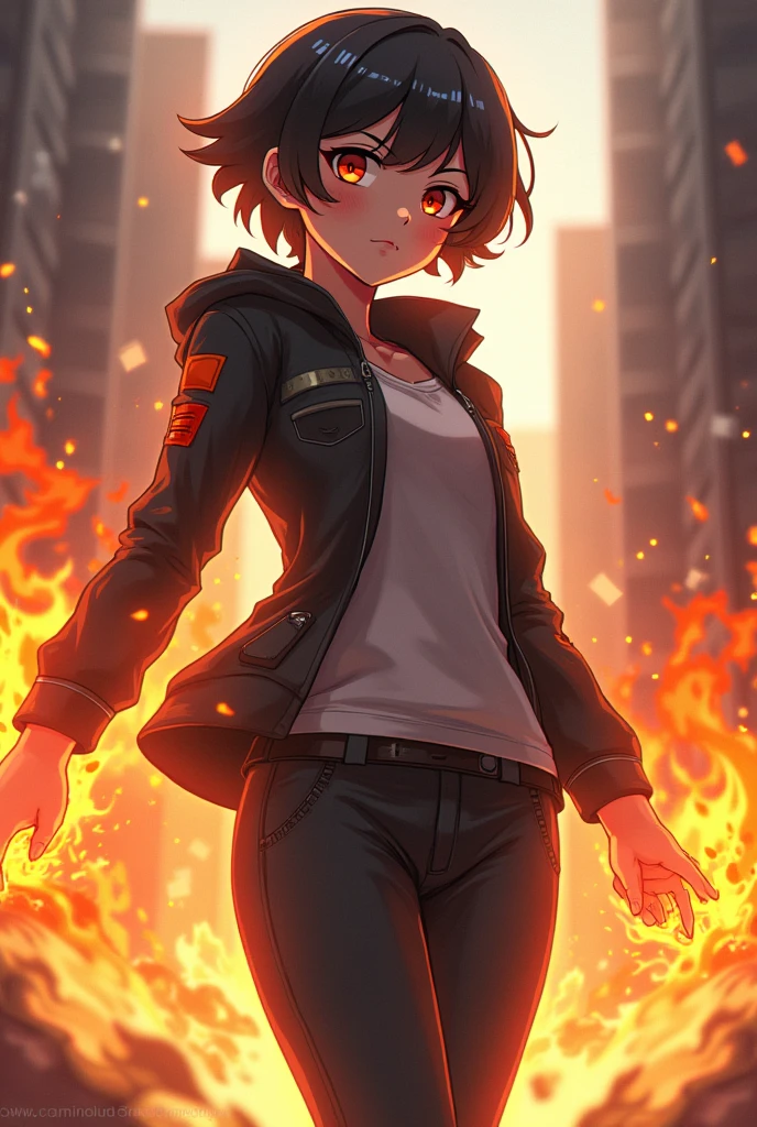 girl full body, short hair,with jacket and pants, Brave with fragment that allows him to control fire anime style