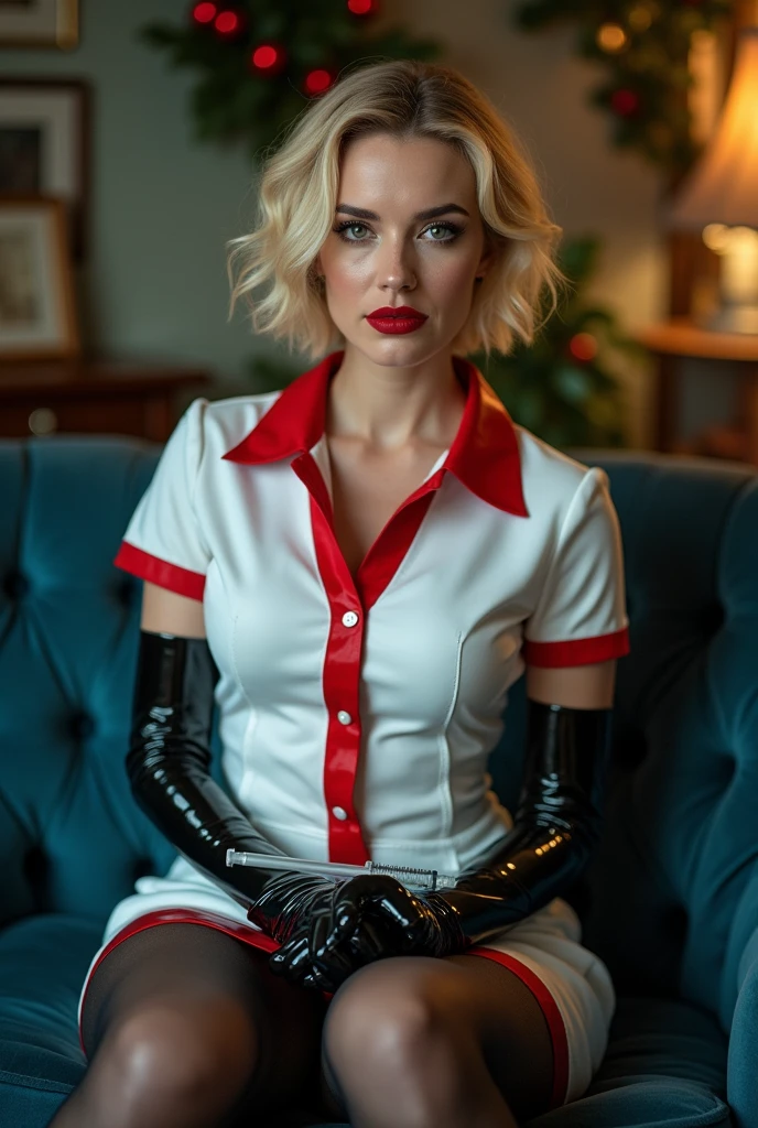 Intimate photo. A 36 year-old plain looking Iowa woman. girl next door. kind face. 38D size breasts. short paige blonde layered hair. brown eyes. 1950s style makeup. red lips. ecclectic house in Des Moines. winter night. Wearing fitted white PVC nurse uniform with short sleeves with cuffs. red trim. white nurse hat with one black stripe. Very long black glossy pvc gloves. pantyhose. black shoes. sitting in large dark blue loveseat. mistletoe and holly hanging behind her on ceiling beam. eye contact. sultry expression. holding a syringe on her lap