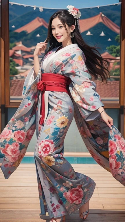 (SeaArt creates stunning illustrations of beautiful women in kimono)、Vividly colored Japanese Ukiyo-e style illustrations、A beautiful woman smiles and shows her upper white teeth、Brown-black long hair、Beautiful full body style、If you want to dance, let&#39;s dance, Tokyo Ondo, Yoi Yoi、Beautiful new digital paintings,、Bright vibrant digital anime art、 Beautiful anime portraits、background,Torii gate front of Japanese shrine、 Detailed digital anime art、