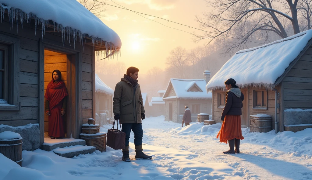 The morning light reveals the snow-covered village. Rahul is seen preparing to leave for his work, dressed warmly, while Savita watches from the doorway.