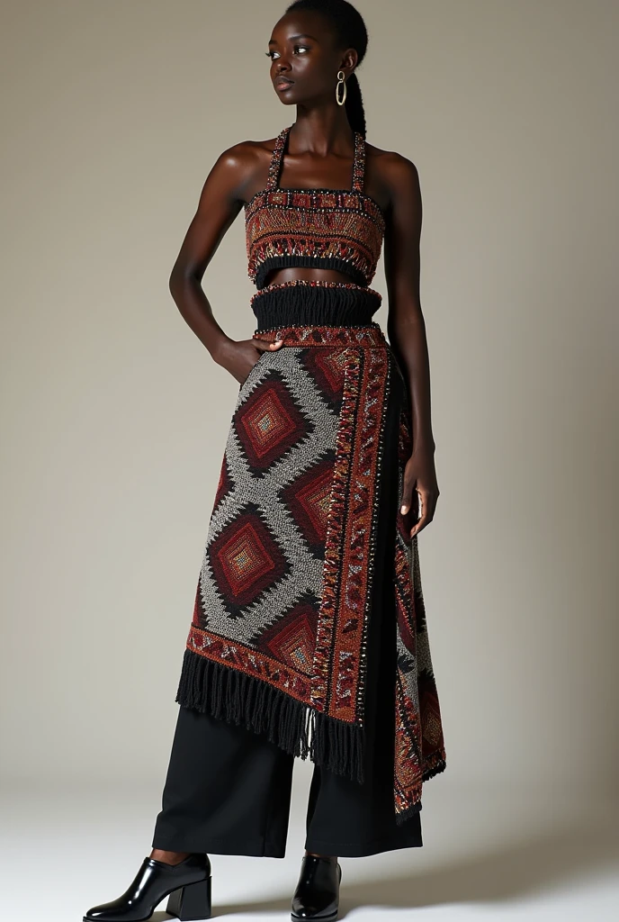 Transform the beaded apron into a statement piece that can be worn over a simple dress or as a part of a modern outfit, maintaining the traditional patterns but adapting them to modern styles.